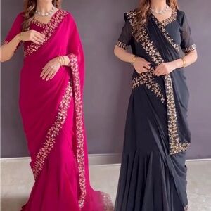 Elegant Pink and Black Saree Gown with Gold Embroidery